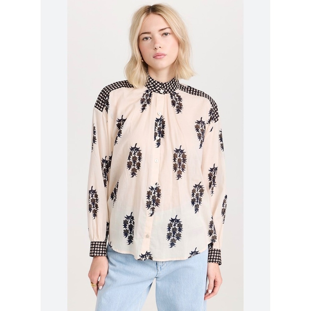 Alix of Bohemia Cotton Block‎ Print Blouse Womens Medium Cream Navy Excellent